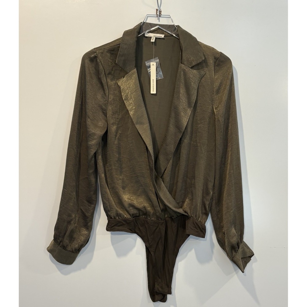 June & Hudson‎ Metallic Olive Green Blazer Wrap Bodysuit Long Sleeve Medium NWT
